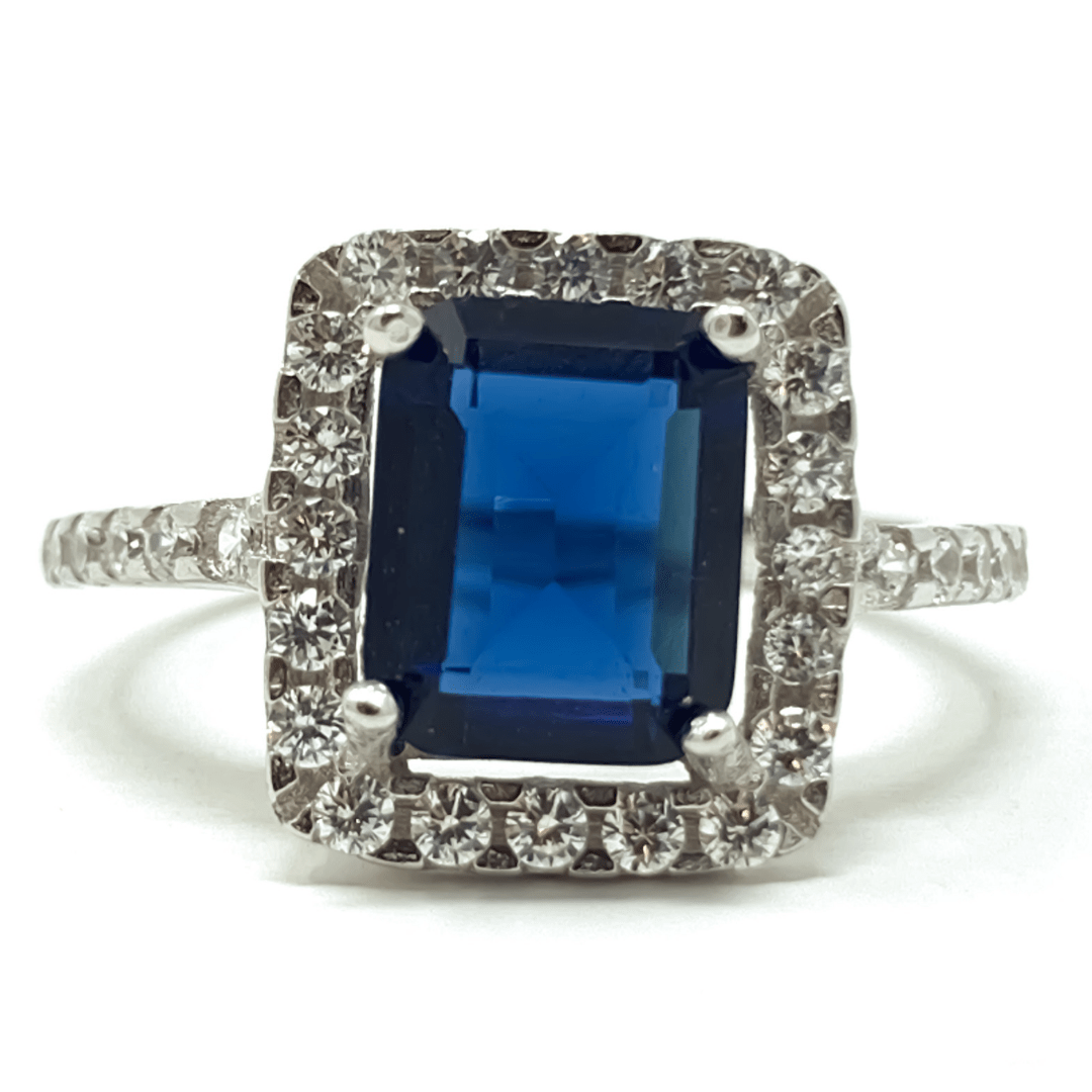 Blue Sapphire Emerald Cut & CZ .925 Sterling Silver Ring - Fashion Jewelry