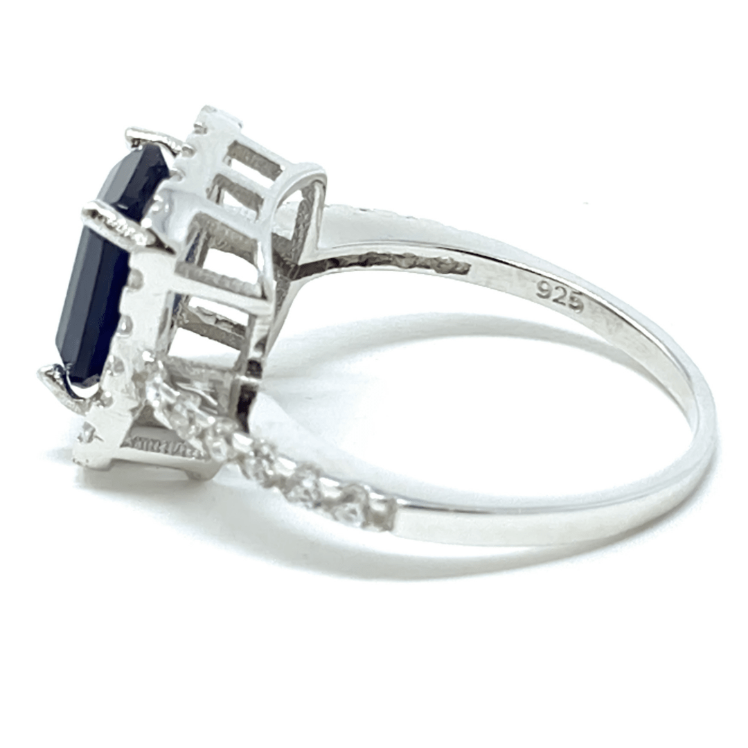 Blue Sapphire Emerald Cut & CZ .925 Sterling Silver Ring For Women - Fashion Jewelry