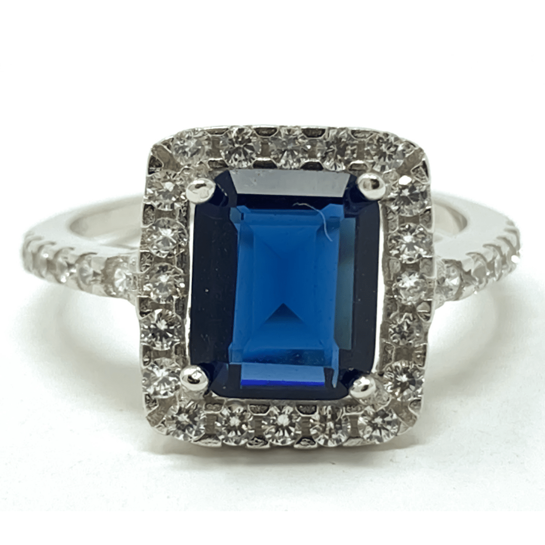 Blue Sapphire Emerald Cut & CZ Sterling Silver Ring For Women - Fashion Jewelry