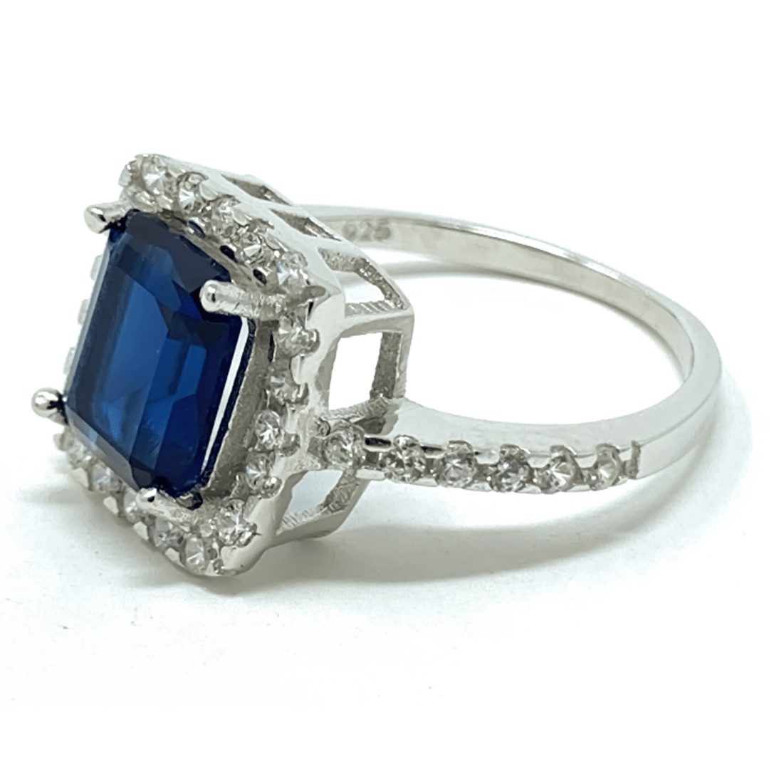 Blue Sapphire Emerald Cut Sterling Silver Ring For Women - Fashion Jewelry