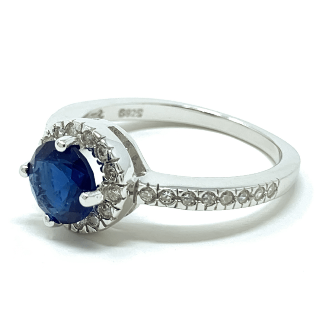Blue Sapphire Halo .925 Sterling Silver Ring For Women - Fashion Jewelry