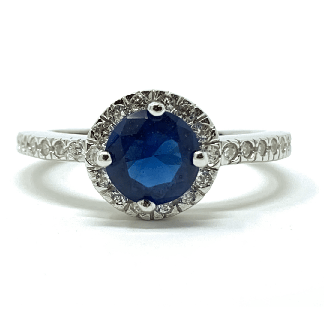 Blue Sapphire Halo Style .925 Silver Ring For Women - Fashion Jewelry