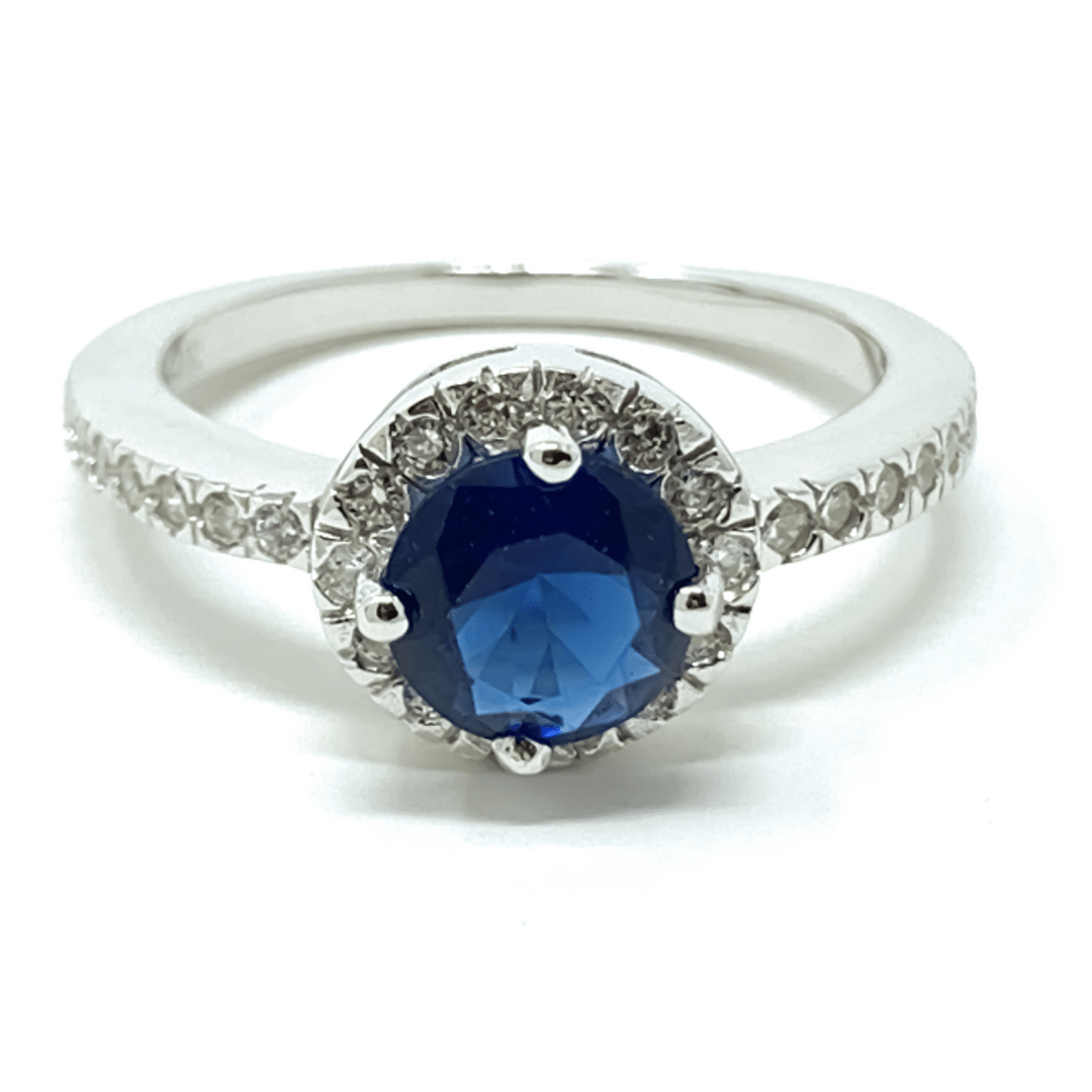 Blue Sapphire Halo Style .925 Sterling Silver Ring For Women - Fashion Jewelry