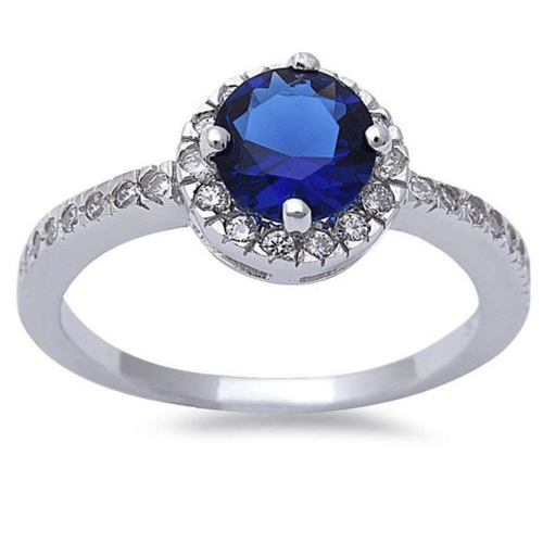 Blue Sapphire Halo Style .925 Sterling Silver Ring For Women - Fashion Jewelry