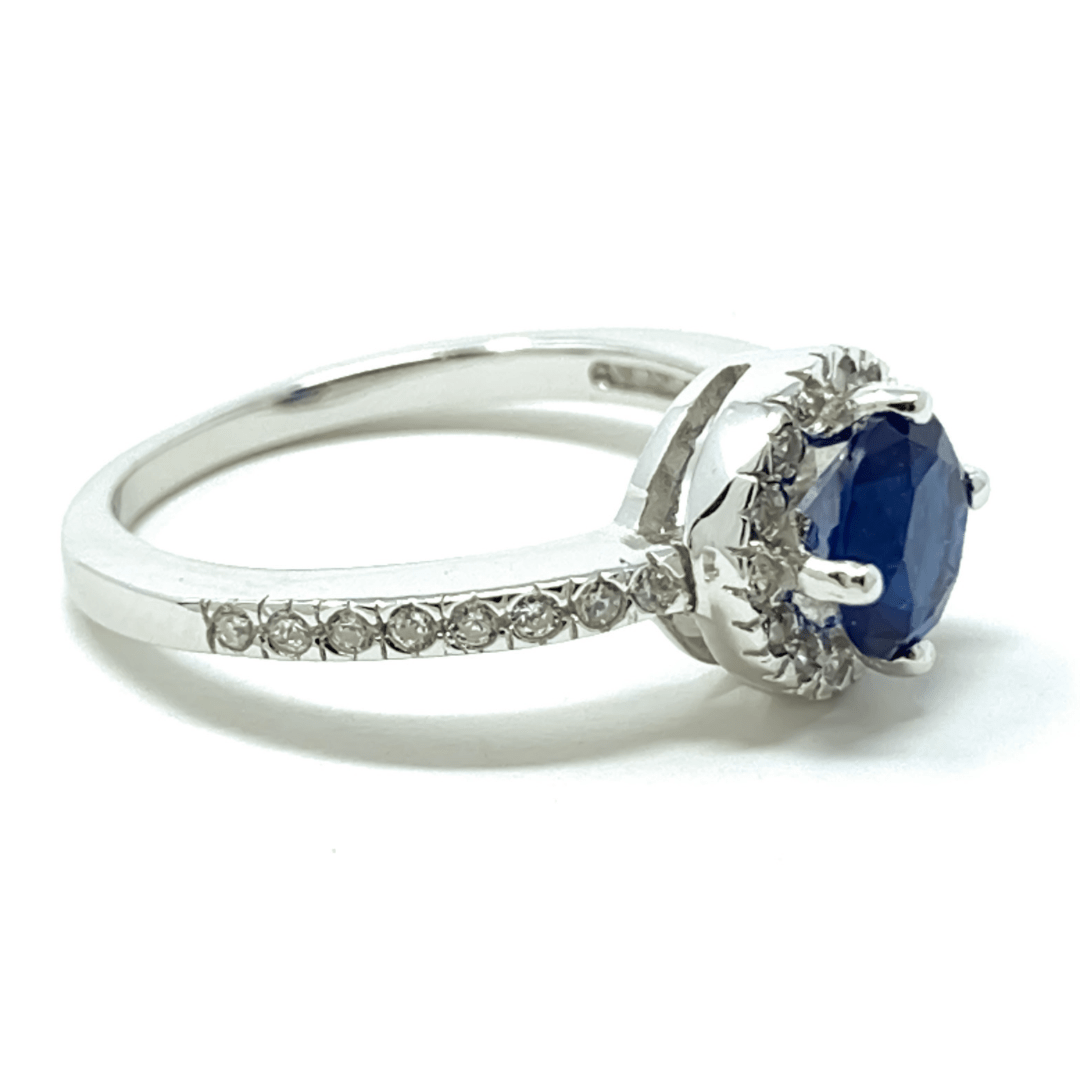 Blue Sapphire Halo Style Sterling Silver Ring For Women - Fashion Jewelry