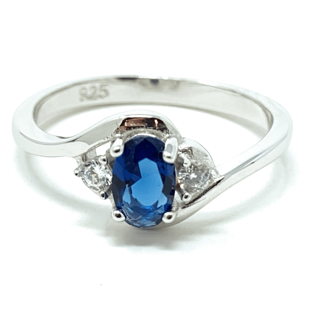 Blue Sapphire Oval & CZ .925 Sterling Silver Ring - Fashion Jewelry