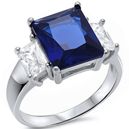 Blue Sapphire Radiant Cut & Baguette CZ .925 Sterling Silver Ring For Women - Fashion Jewelry