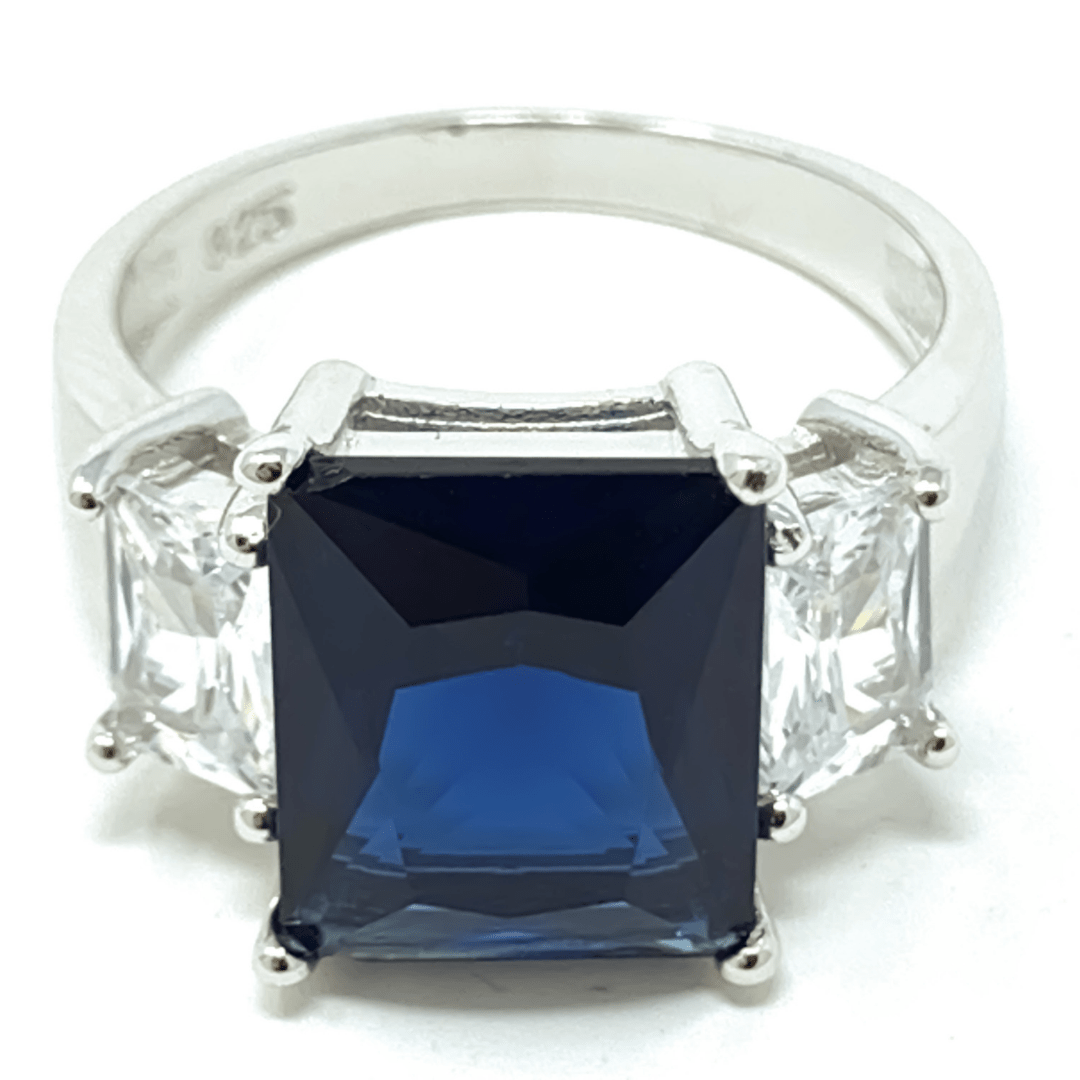 Blue Sapphire Radiant Cut & Baguette CZ Engagement Ring - Fashion Jewelry