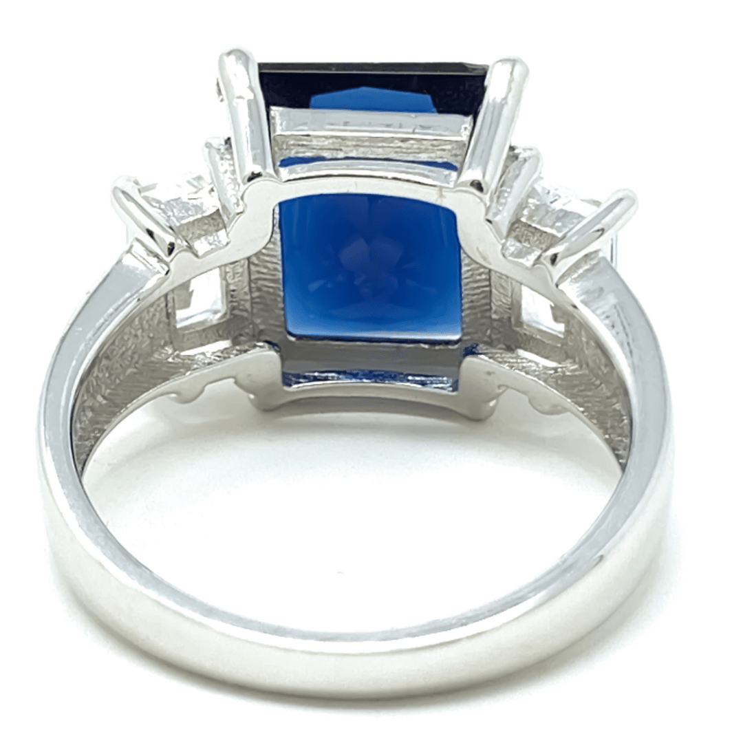 Blue Sapphire Radiant Cut & Baguette CZ Sterling Silver Ring - Fashion Jewelry