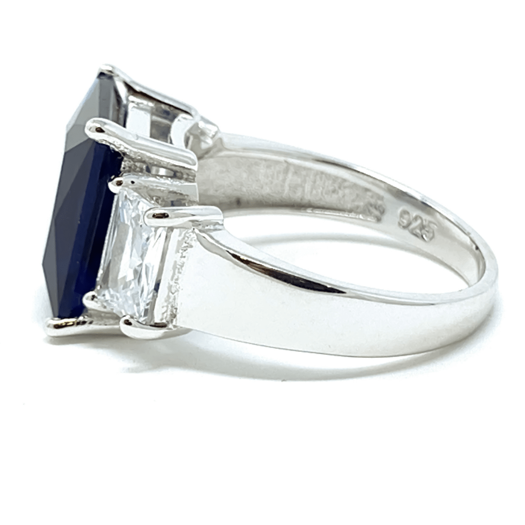 Blue Sapphire Radiant Cut & CZ .925 Sterling Silver Ring - Fashion Jewelry