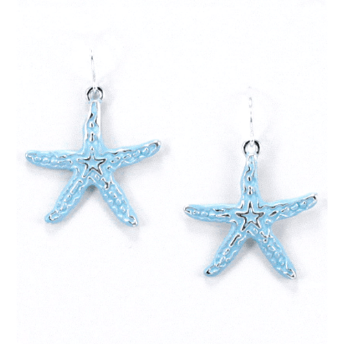 Silver Starfish Dangle Earrings With Blue Epoxy - Beach Jewelry