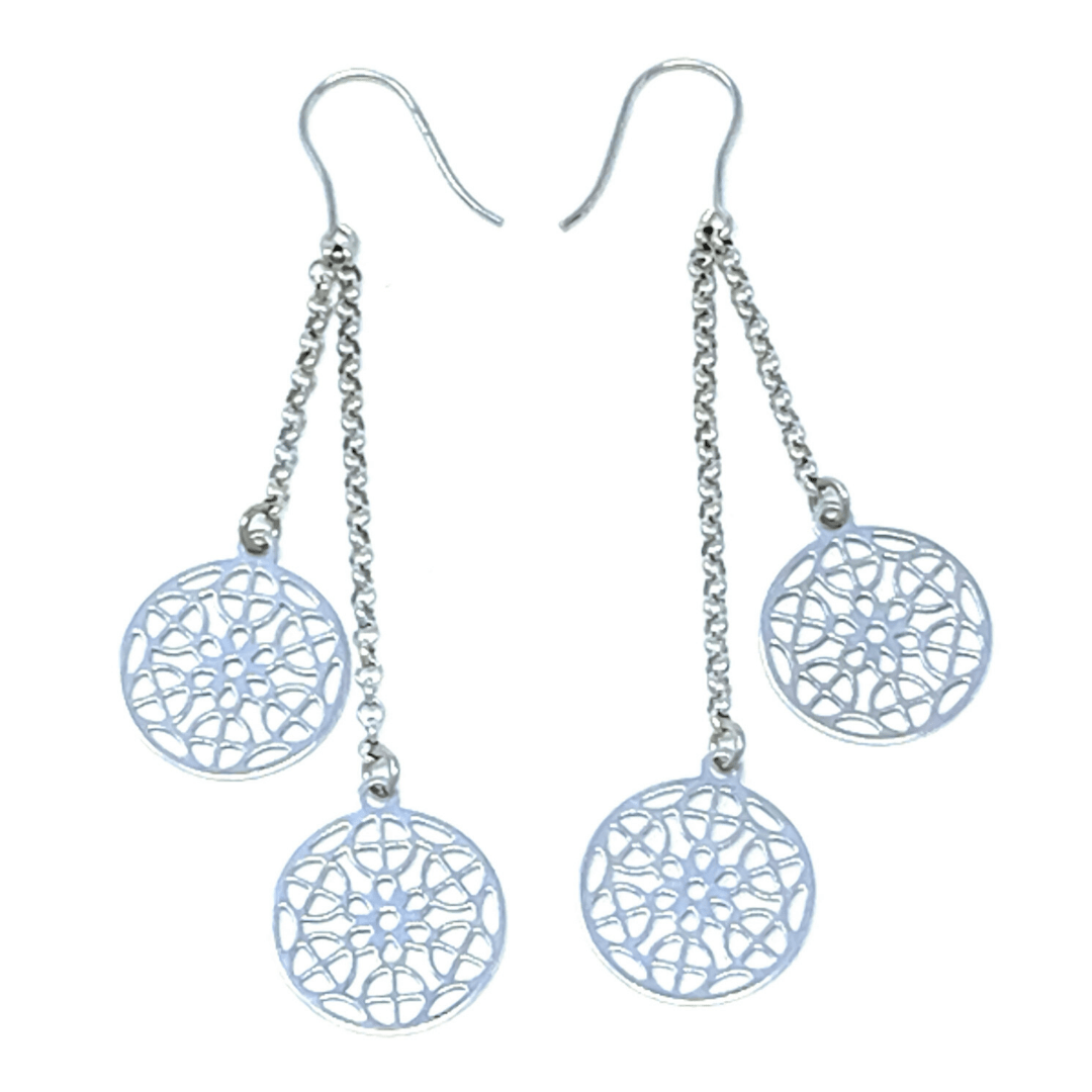 Circle Cutout Filigree Dangle Sterling Silver Earrings - SeaSpray Jewelry