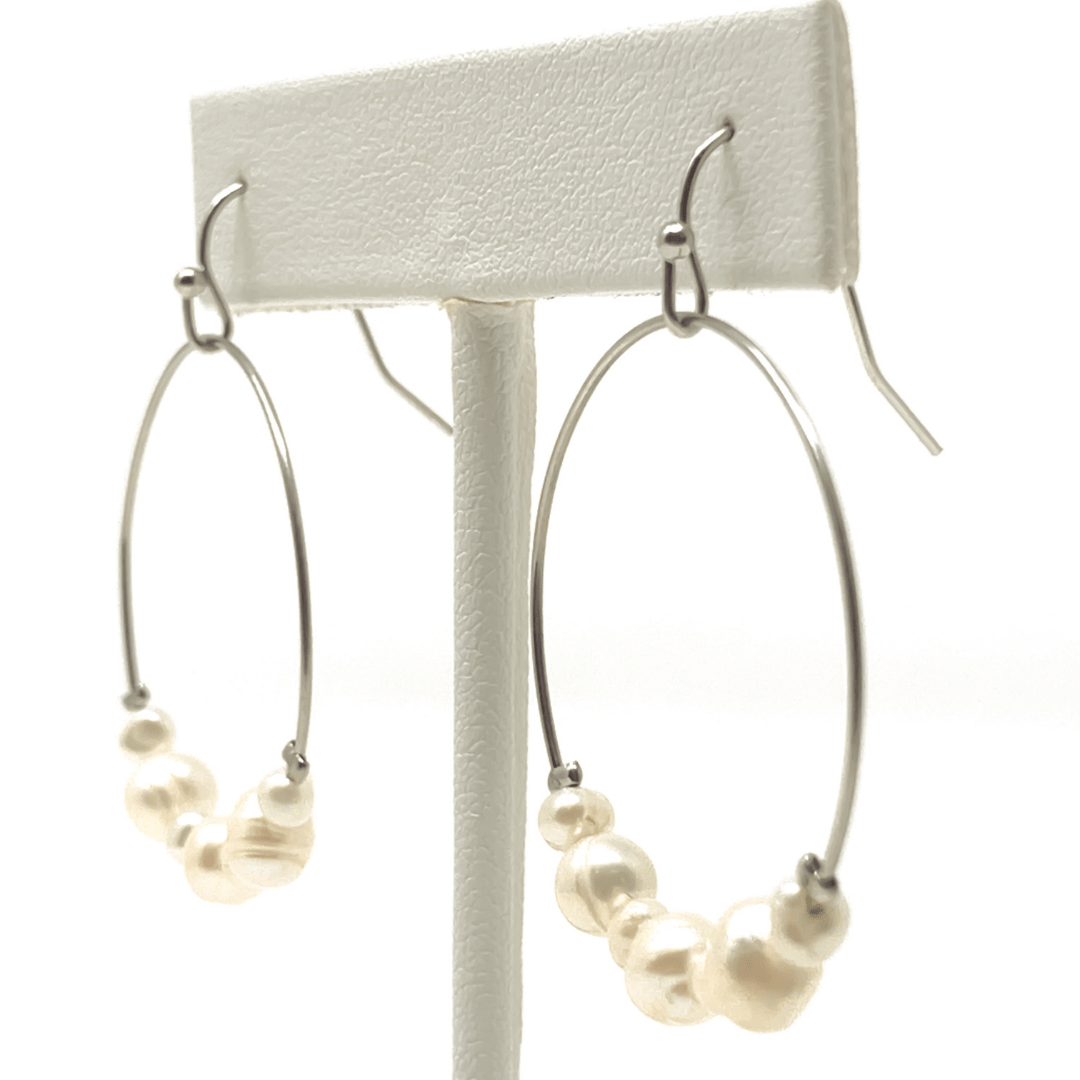Freshwater Pearl Circle Hoop Silver Dangle Earrings For Women - Costume Jewelry