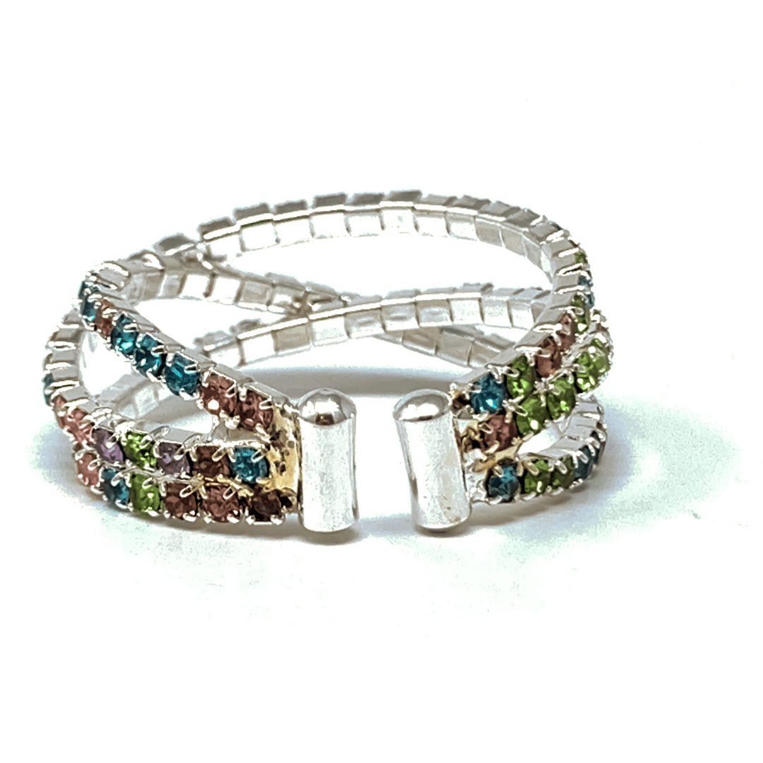 Multi Color Rhinestone Silver Memory Wire Crossover Cuff Style Stretch Ring - Costume Jewelry