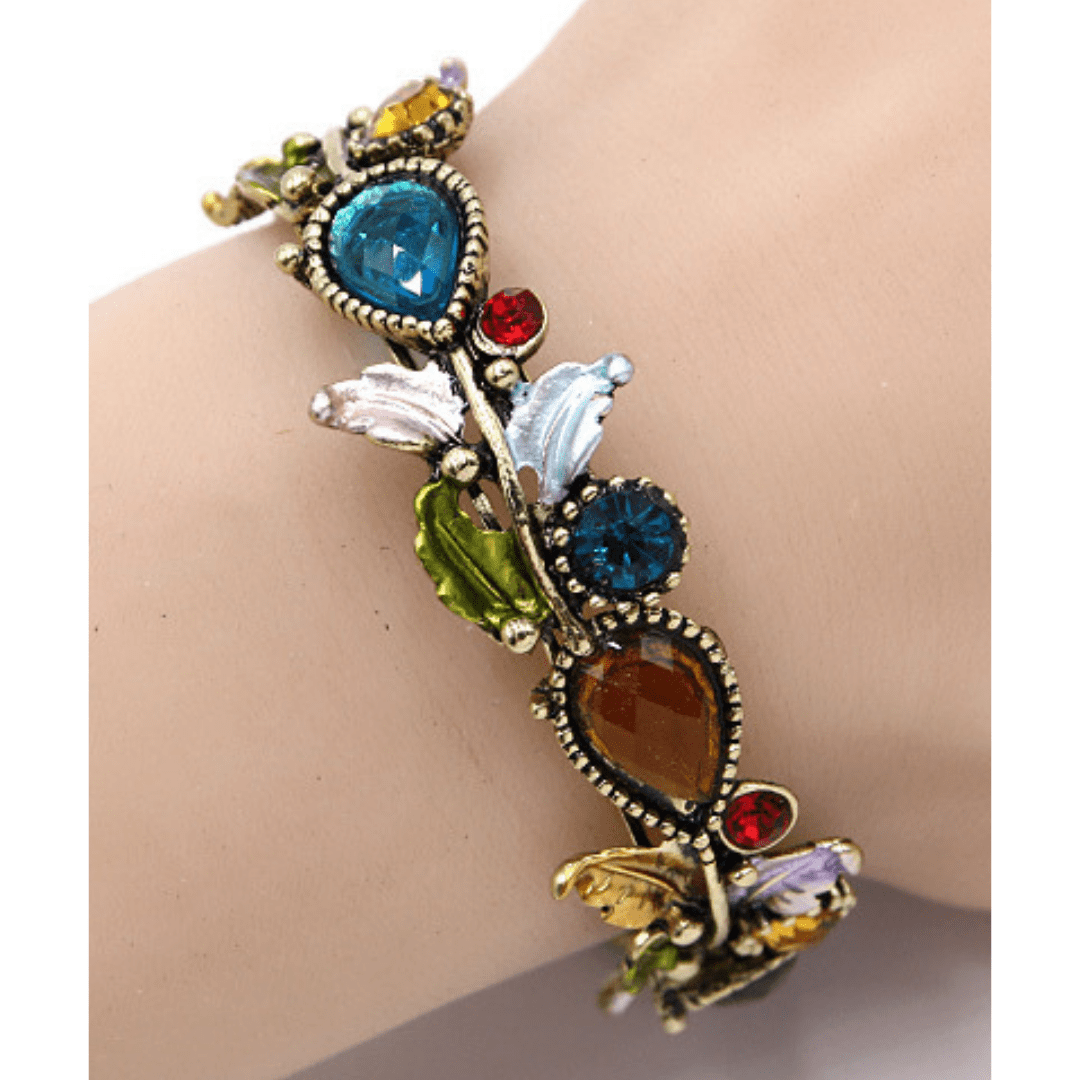 Multi Color Crystal Adjustable Flower Bangle Bracelet In Gold - Costume Jewelry For Women