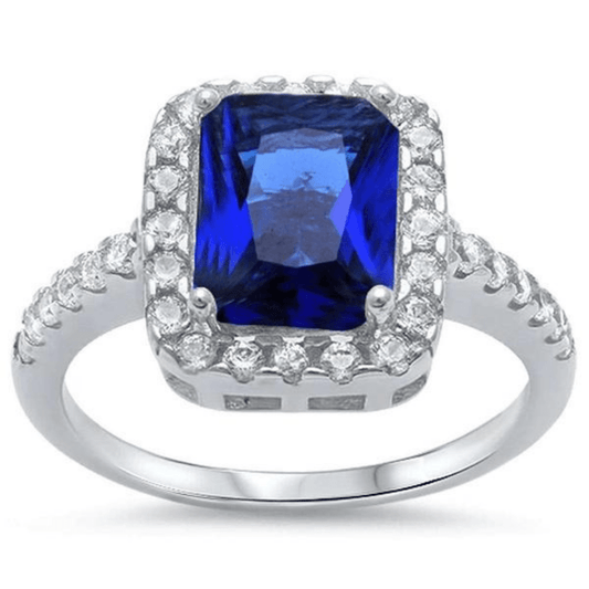 Emerald Cut Blue Sapphire & CZ .925 Sterling Silver Ring For Women - Fashion Jewelry