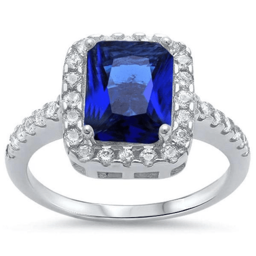 Emerald Cut Blue Sapphire & CZ .925 Sterling Silver Ring For Women - Fashion Jewelry