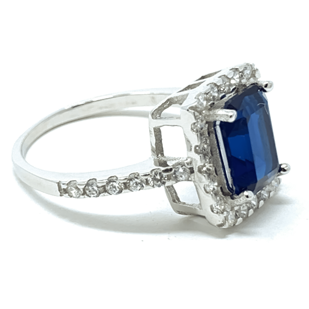 Emerald Cut Blue Sapphire & CZ Sterling Silver Ring For Women - Fashion Jewelry