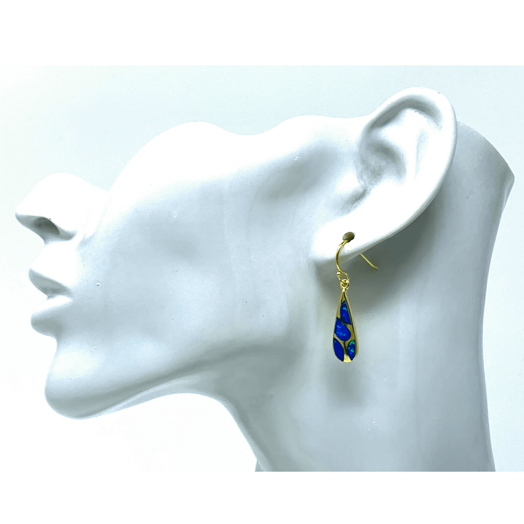 Gold Blue Opal Mosaic Teardrop Earrings - Sterling Silver Jewelry