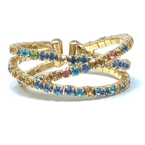 Color Rhinestone Gold Crossover Cuff Style Stretch Ring - Fashion Jewelry