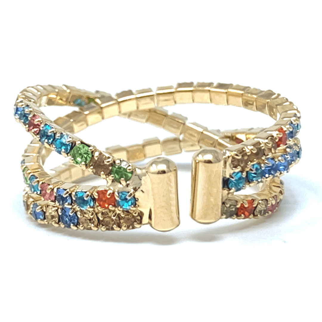 Gold Memory Wire Rhinestone Crossover Cuff Style Stretch Ring - Costume Jewelry