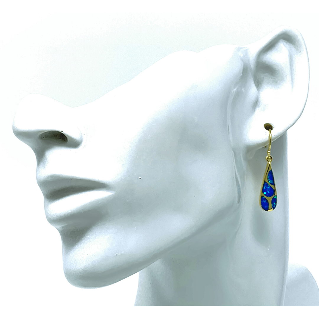 Gold Mosaic Teardrop Blue Opal Earrings - Sterling Silver Jewelry