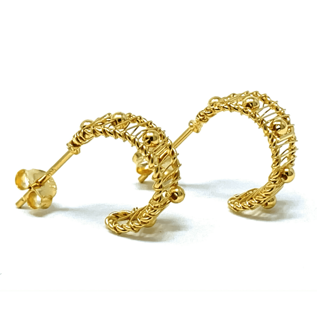 Modern wire wrapped half hoop earrings for women, showing stud closure