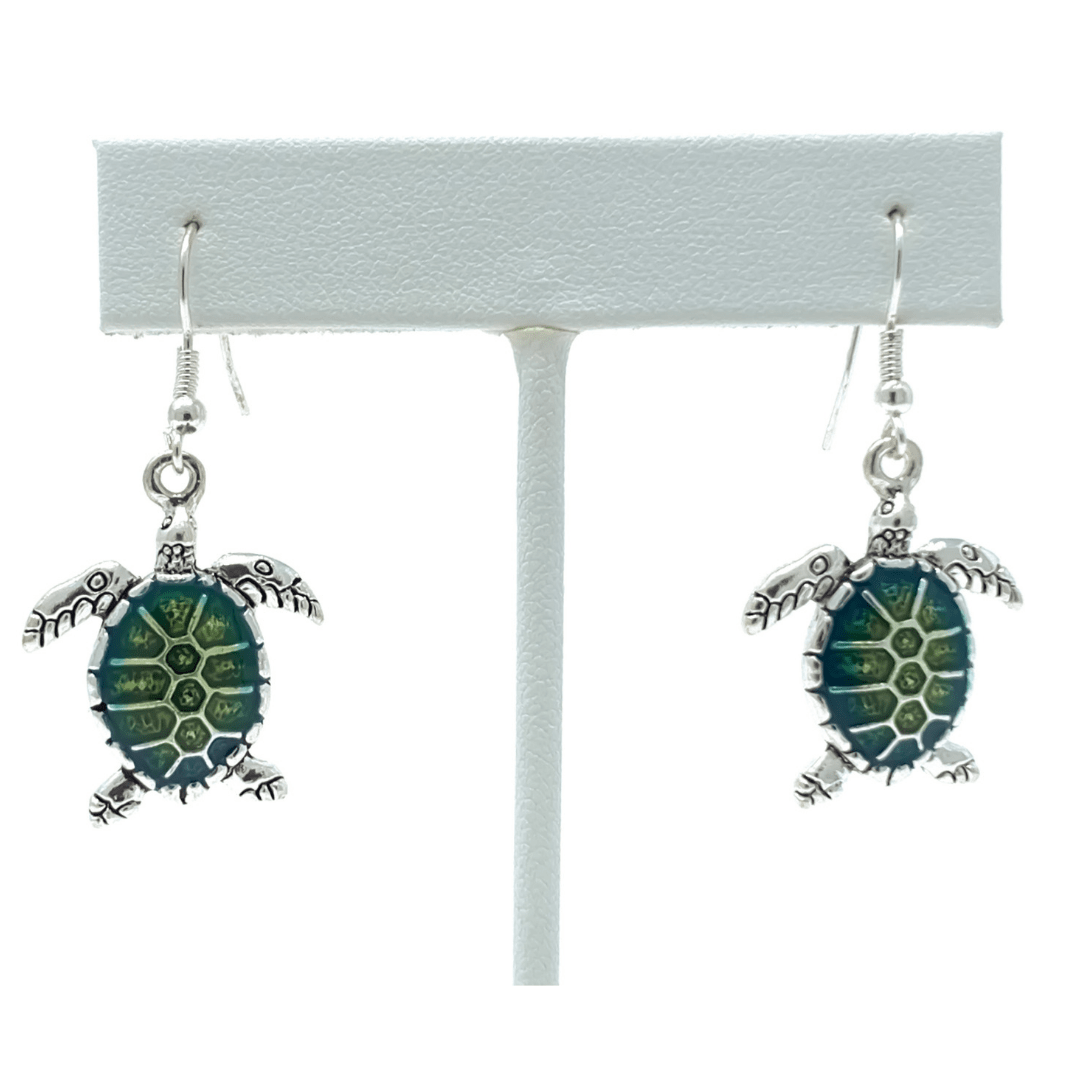 Green Silver Sea Turtle Dangle Beach Earrings - Costume Jewelry