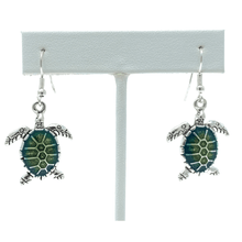 Green Silver Sea Turtle Dangle Beach Earrings - Costume Jewelry
