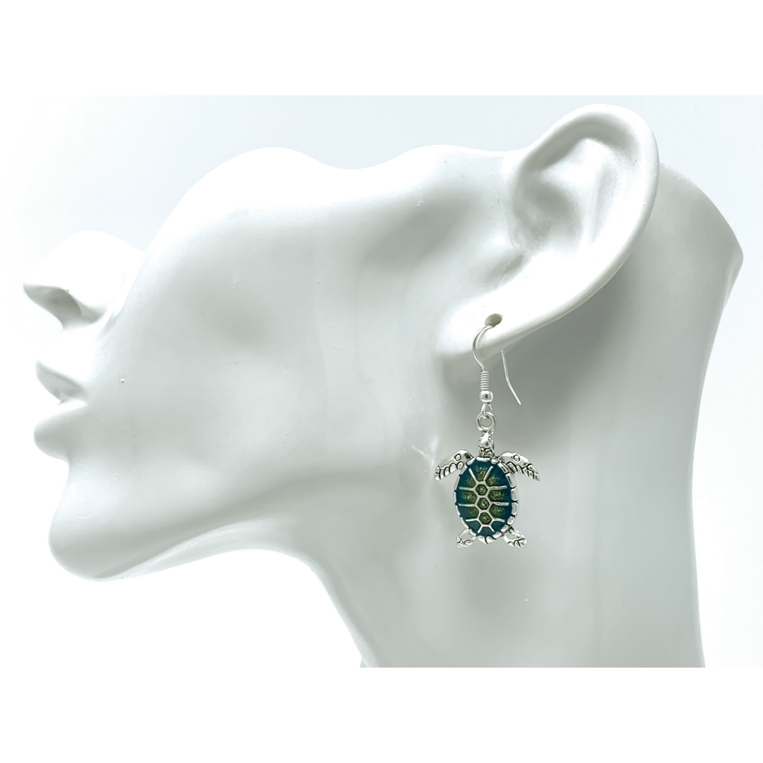 Green Turquoise Silver Sea Turtle Dangle Earrings For Women - Fashion Jewelry