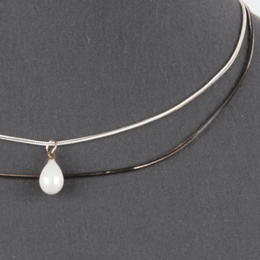 15 inch Layered Snake Chain Necklace With Pearl Pendant - Costume Jewelry