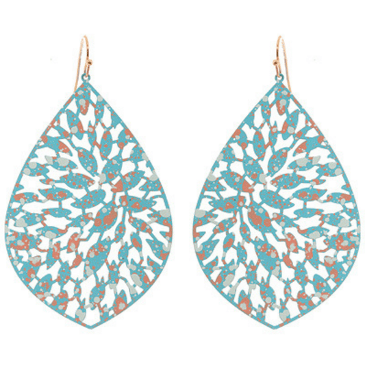 Long Thin Turquoise Teardrop Filigree Dangle Earrings