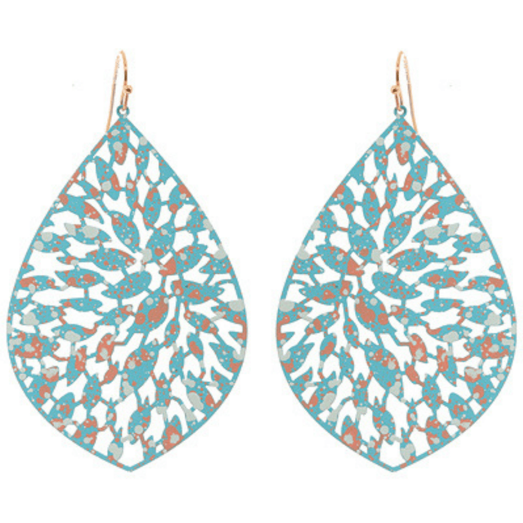 Long Thin Turquoise Teardrop Filigree Dangle Earrings