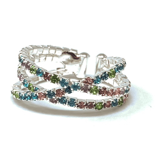 Multi Color Rhinestone Silver Memory Wire Crossover Cuff Style Stretch Ring - Fashion Jewelry