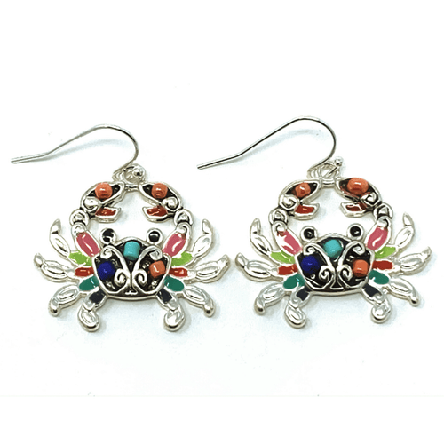 Multi Color Seed Bead Crab Silver Earrings - Beach Jewelry