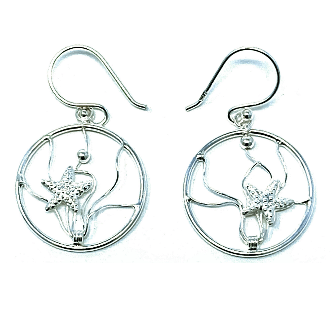 Ocean Wave Sterling Silver Starfish Earrings - Beach Jewelry