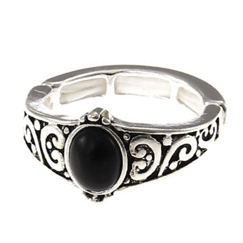 Silver Onyx Stone Stretch Ring For Women - Fashion Jewelry