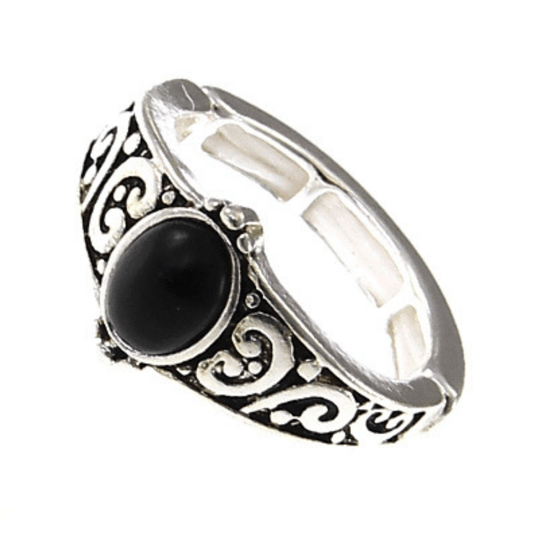 Silver Onyx Stone Stretch Ring For Women - Costume Jewelry