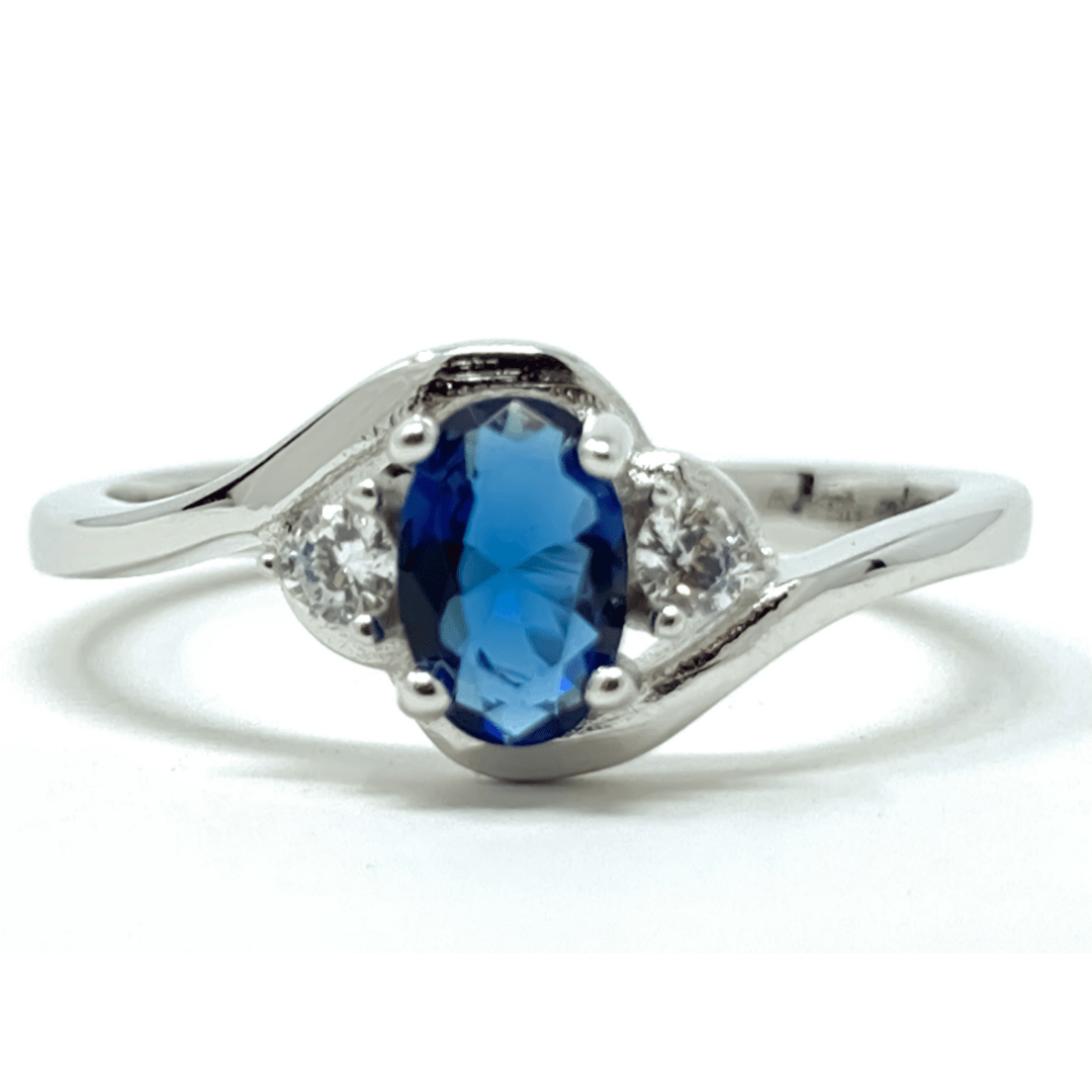 Oval Blue Sapphire & CZ .925 Sterling Silver Ring - Fashion Jewelry