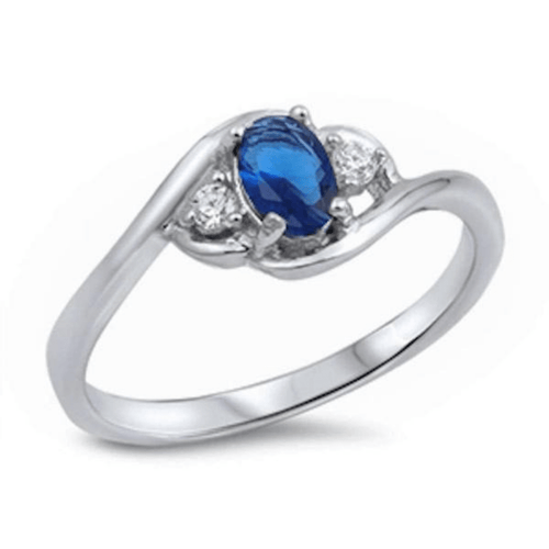 Oval Blue Sapphire & CZ .925 Sterling Silver Ring For Women - Fashion Jewelry
