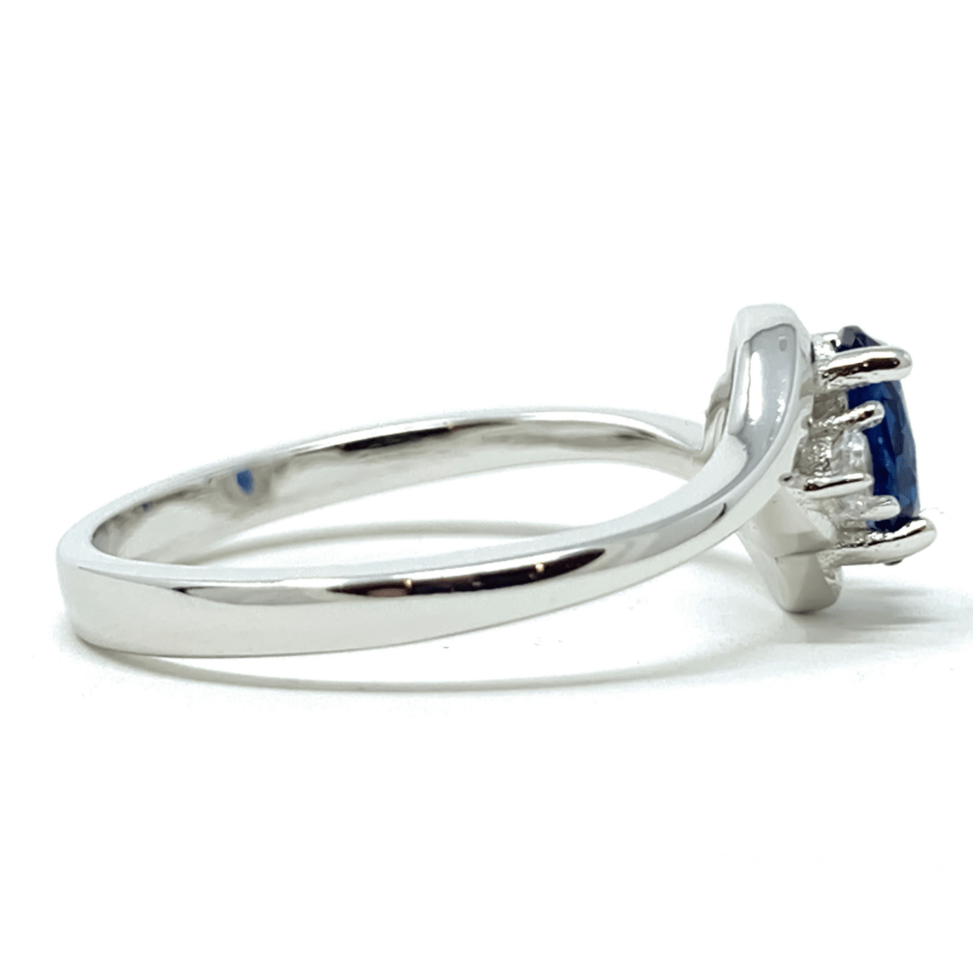 Oval Blue Sapphire & CZ Sterling Silver Ring For Women - Fashion Jewelry