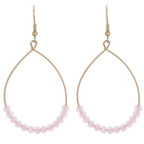 Pink Glass Bead Teardrop Hoop Earrings In Gold - Fashion Jewelry