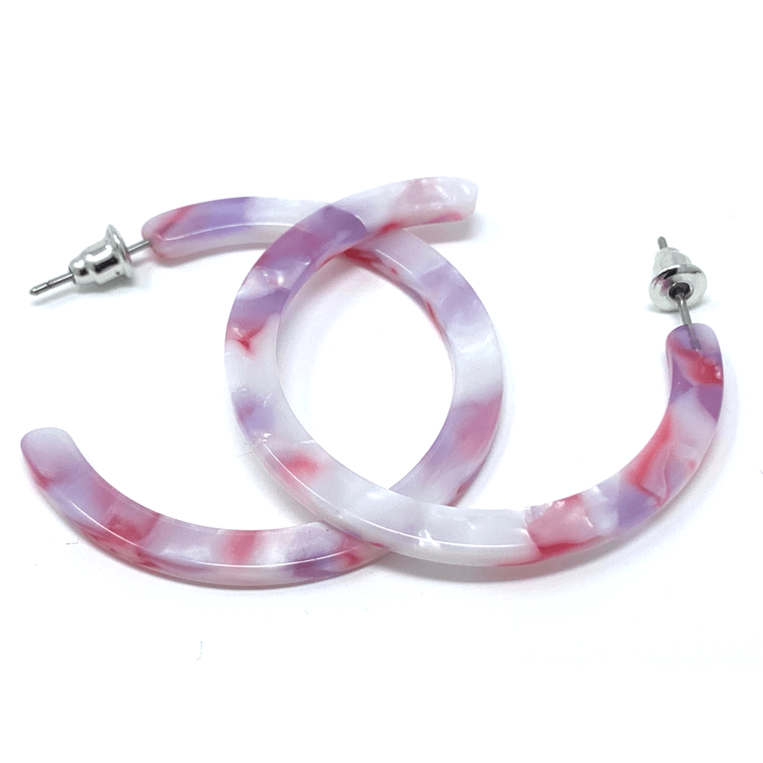 Pink Marbled Resin Circle Hoop Earrings - Fashion Jewelry