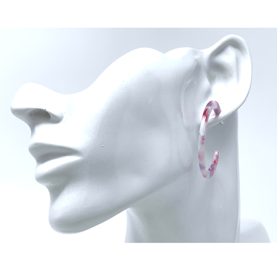 Pink Marbled Resin Circle Hoop Earrings - Costume Jewelry
