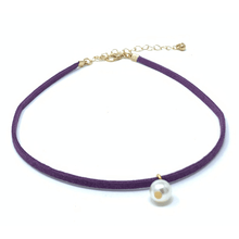 Purple Suede Choker Necklace Pearl Pendant
