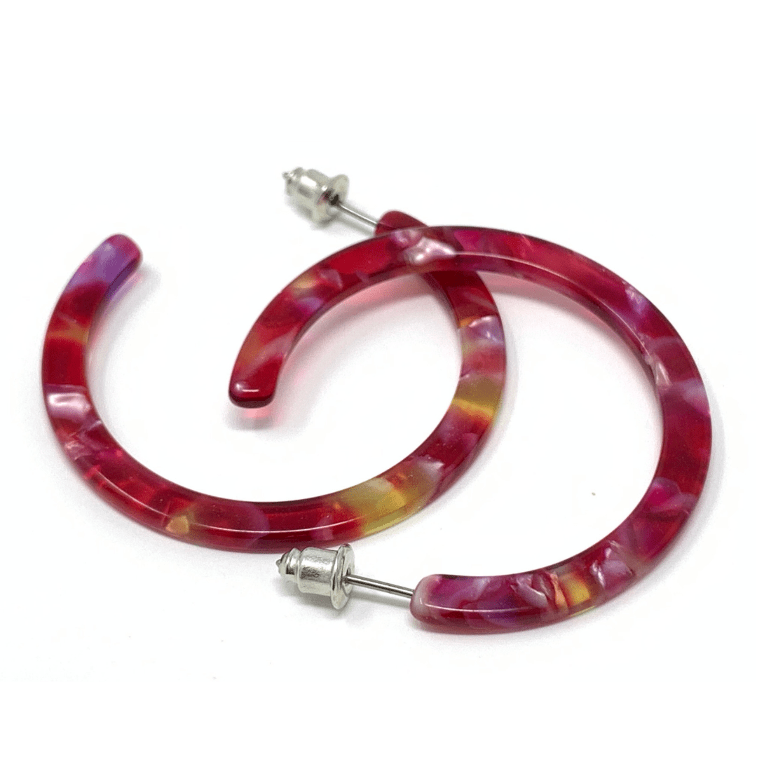 Red Marbled Resin Circle Hoop Earrings - Fashion Earrings