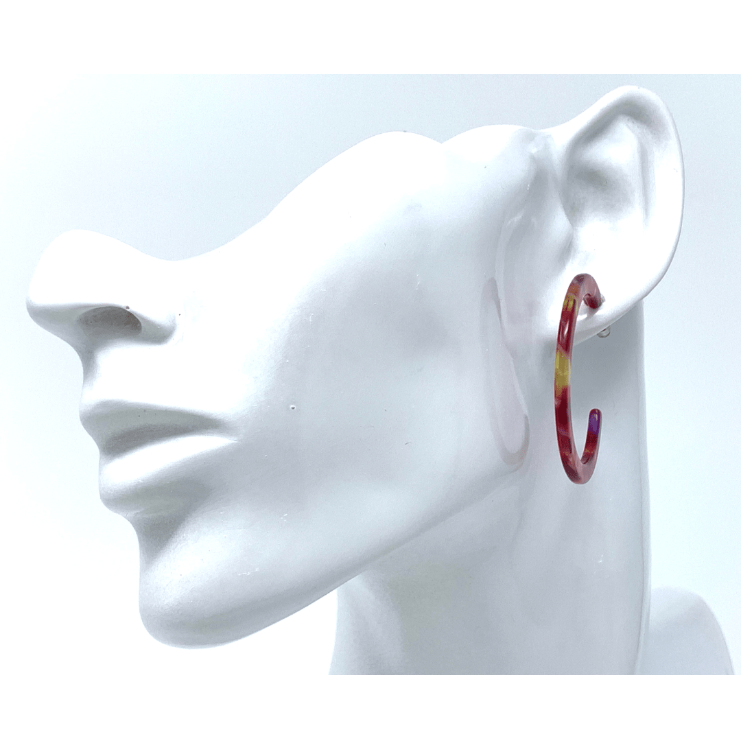 Red Marbled Resin Circle Hoop Earrings - Costume Jewelry