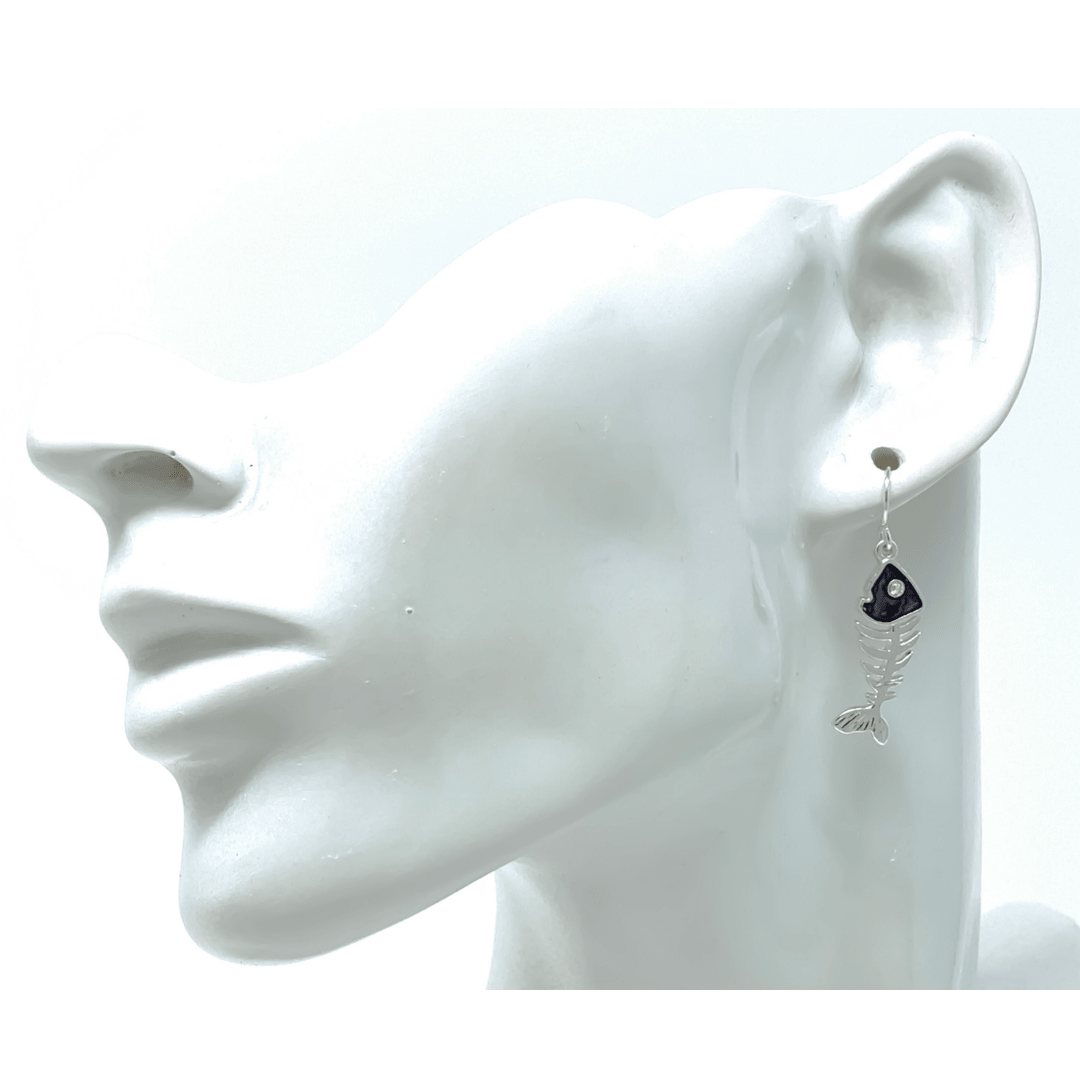 Silver Abalone Fish Bone Dangle Earrings with Rhinestone Accents - Fashion Jewelry