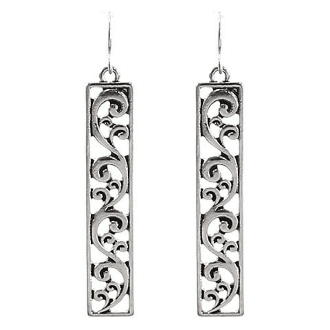 Silver Filigree Bar Rectangle Drop Earrings For Women - Fashion Jewelry