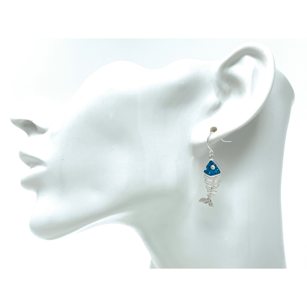 Silver Blue Fish Bone Dangle Beach Earrings Rhinestone Accents - Fashion Jewelry